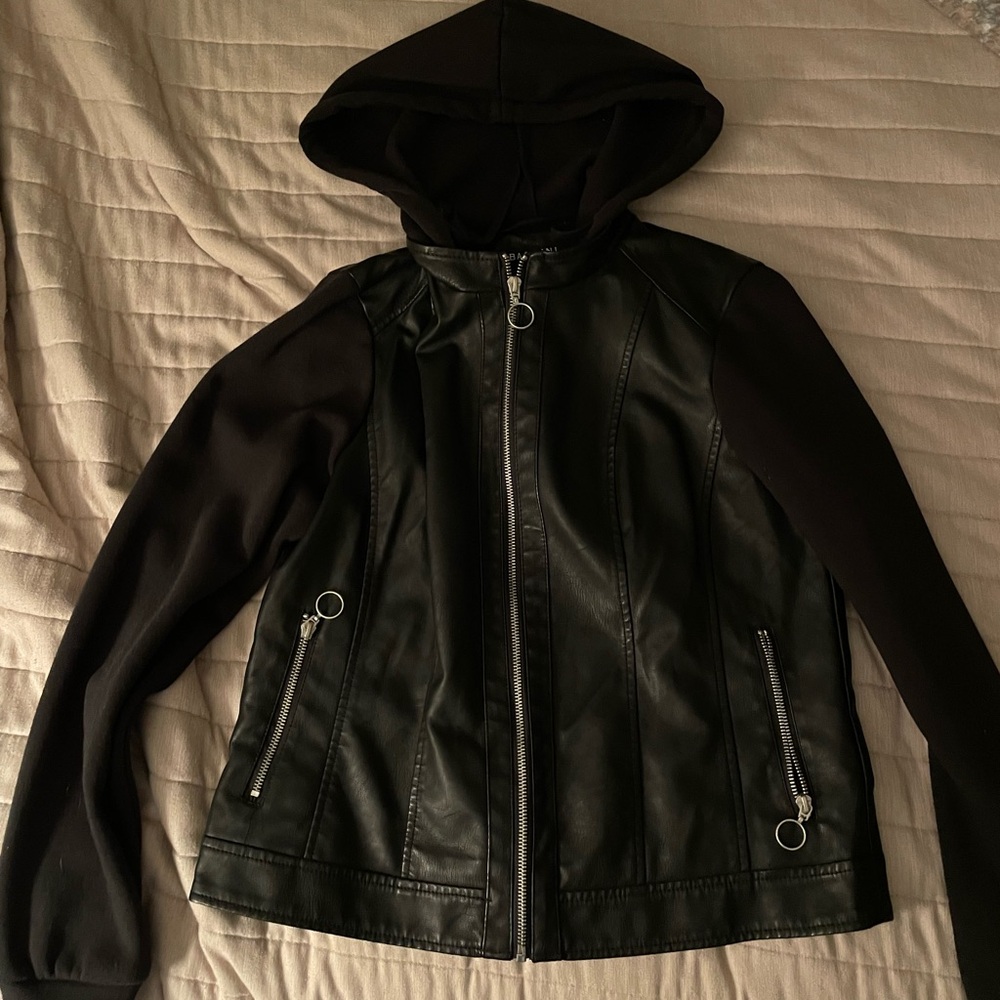 Baccini Black Leather Hooded Jacket